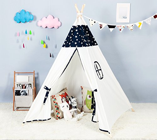 Steegic Foldable Kids Cotton Canvas Teepee Indina Play Tent Chidren Playhouse   Blue Star One Window Style