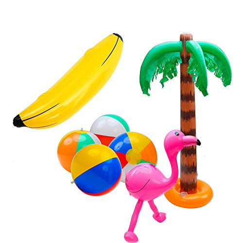 SIMUR 7 Pack Inflatable Beach Toys Inflatable Palm Trees Pink Inflatable Flamingos Inflatable Banana Toys for Luau Party Decoration