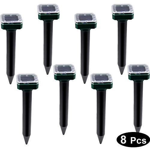MorTime Solar Powered Mole Repeller 8 Pack Ultrasonic Vole Repellent Gopher Deterrent Spikes Groundhog Rodent Chaser