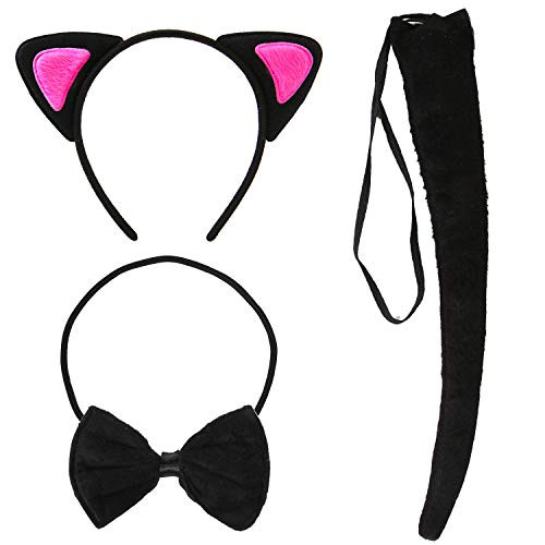 Elcoho 3 Pieces Cat Ear Headband Bowtie Tail Cat Cosplay Set for Halloween Festival Cosplay Christmas Daily Wear Accessory  Hot Pink