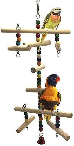 Bird Climbing Ladder Toy Wooden Parrot Swing Chew Toy Perch with Bells Colorful for Parakeet Cockatiel Conure Budgie Lovebird Canary Finch Cage Accessories