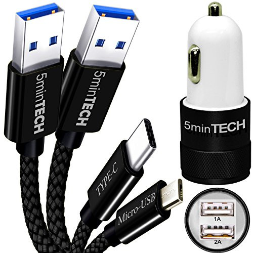 3 Pack [Micro USB + Type C + Car Charger] (3 Feet) Nylon Braided USB Data Sync Charging Cable (Black)