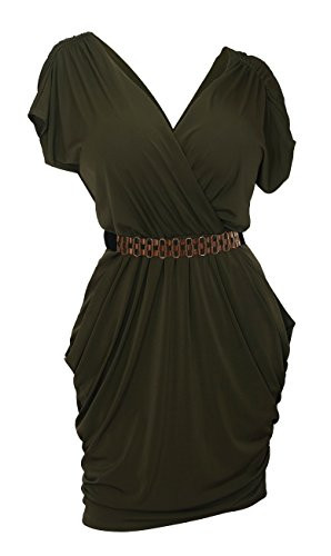 eVogues Plus Size Deep V Neck Wrap Bodice Dress Dark Olive Green   3X