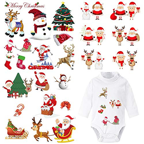 Christmas Iron On Stickers Patches for Kids 3 Sheets Washable Heat Transfer Appliques Patches Xmas Tree Sock Santa Claus Snowman Deer Decorative Patches for T Shirt Clothing Jeans Jacket