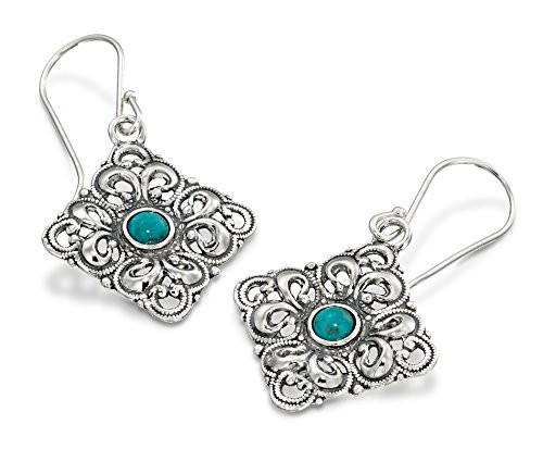 Stera Jewelry Unique 925 Sterling Silver Filigree Diamond Shape Compressed Turquoise Dangle Earrings Stera Jewelry Unique 925 Sterling Silver Filigree Diamond Shape Compressed Turquoise Dangle Earrings