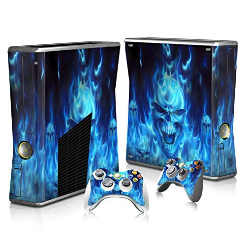 Skin Sticker Decal Cover for Xbox 360 Slim Console and Remote Controllers Blue Fire Skull Design