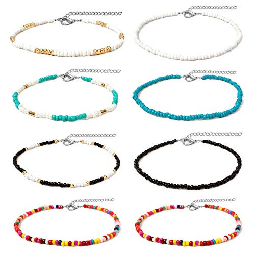 ZIXI Bead Necklaces 8 Pieces Rainbow Choker Tiny Seed Beaded Choker Necklace Boho Hawaiian Colorful Adjustable Chain Chokers Jewelry for Women Girls 