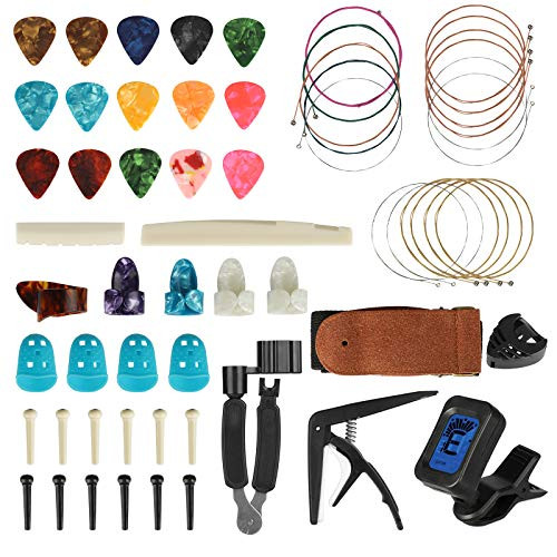 SUNJOYCO 61 PCS Guitar Accessories Kit Including Guitar Picks Tuner Strap Capo Acoustic Guitar Strings3 in 1 String Winder Bridge Pins6 String Bridge Saddle and Nut Finger Picks for Begin