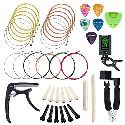 SUNYIN Guitar Strings Replace Tool Kit3 sets of Acoustic Guitar StringsGuitar CapoString WinderBridge PinsPin PullerGuitar BonesGuitar Picks   Holder For Beginner