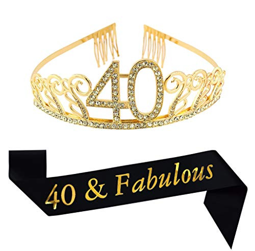 40th Birthday Gold Tiara and Sash Glitter Satin Sash 40   Fabulous  and Crystal Rhinestone Birthday Crown for Happy 40th Birthday Party Supplies Favors Decorations 40th Birthday Cake Topper