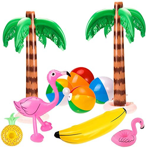 Kithwaro 10 Pack Jumbo Inflatable Palm Trees Flamingos Toys Inflatable Banana Inflatable Drinks Holder for Luau Party Decor Beach Backdrop