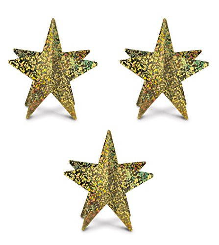 Beistle S57773GDAZ3, 3 Piece 3-D Prismatic Gold Star Centerpieces, 12" (Gold)