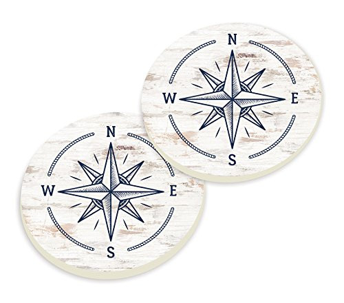 P. Graham Dunn Vintage Compass Rose Blue Whitewash Look 3 x 3 Ceramic Car Coasters 2 Pack