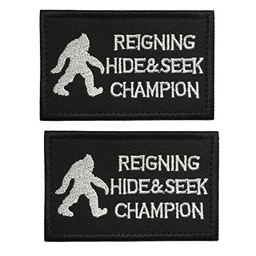 2PCS Reigning Hide and Seek Champion Bigfoot Funny Hook and Loop Fully Embroidered Morale Tags Patch 3.15" x 1.97" (Black and White)