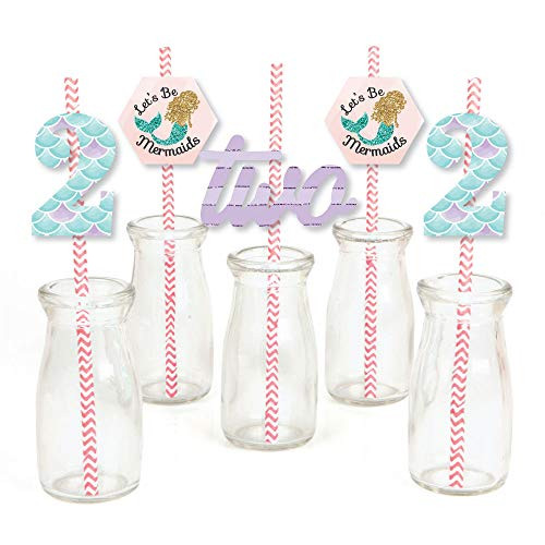 2nd Birthday Let s Be Mermaids   Paper Straw Decor   Second Birthday Party Striped Decorative Straws   Set of 24