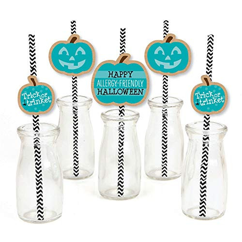 Big Dot of Happiness Teal Pumpkin   Paper Straw Decor   Halloween Allergy Friendly Trick or Trinket Striped Decorative Straws   Set of 24