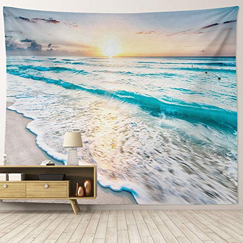 HIYOO Home Nature Art Wall Hanging Fabric Tapestry Tropical Ocean Sea Coast Sand Beach Waves Tapestry Decor For Dorm Room Bedroom Living Room Party Background   Sunrise 90 W x 71 L