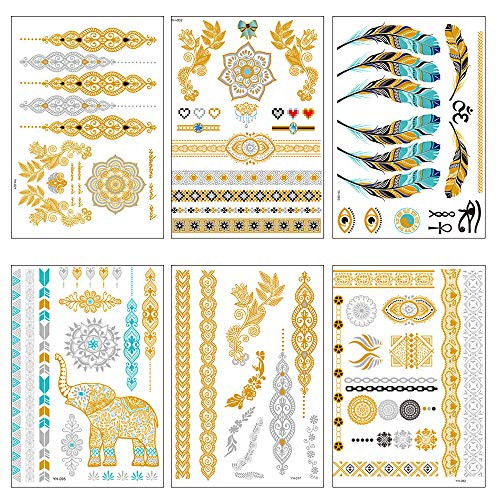 Metallic Temporary Tattoos for Women Teens Girls 6 Sheets Gold Silver Flash Designs Temporary Tattoos   Color Flash Fake Waterproof Tattoo Stickers