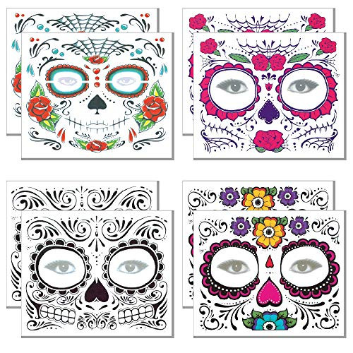 Day of the Dead Tattoo 8 PACK  Halloween Makeup Tattoos Decor Stickers Sugar Skull Temporary Face Tattoo for Halloween Masquerade Party Floral Glitter Roses Web and Floral Skeleton