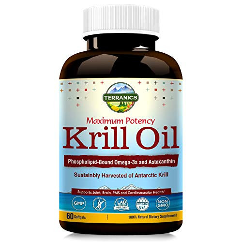 Terranics Krill Oil with Omega3s DHA   EPA Phospholipids and Astaxanthin 1250mg 60 Softgels Supports Joint Brain and Cardiovascular Health NON GMO Soy Dairy   Gluten Free for men and women
