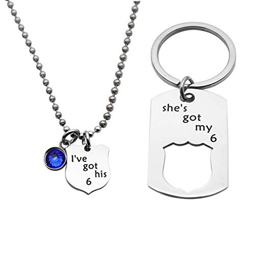 Beeshion Police Couple Gift I ve Got His 6 She s Got My 6 Keychain Necklace Set Police Wife Necklace Thin Blue Line Gift for Him Beeshion Police Couple Gift I ve Got His 6 She s Got My 6 Keychain Necklace Set Police Wife Necklace Thin Blue Line Gift for Him