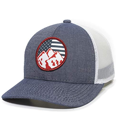 Americana Mountains Scout Patch Trucker Hat   Adjustable Mesh Back Baseball Cap for Men   Women  Blue