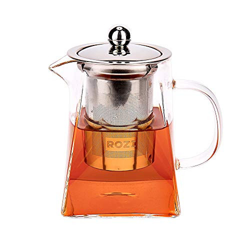 ROZI Glass Teapots with Removable Infuser Safe Tea Kettle with Heat Resistant Steel Strainer Blooming and Loose Leaf Tea Maker Set