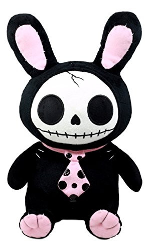 Ebros Furry Bones Skeleton Black Bunny with Pink Polkadot Tie Plush Toy Doll Collectible Rabbit Bun Bun Doll