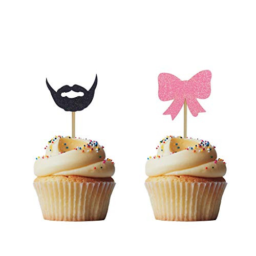 Morndew 24 PCS Beards or Bows Cupcake Toppers for Gender Reveal Party Baby Shower Birthday Party Decorations