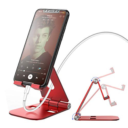 Adjustable Cell Phone Stand Foldable Cell Phone Holder for Desk Mobile Phone Cradle Compatible with iPhone 11 Pro Xs Xs Max Xr X 8 iPad Tablets Aluminium Alloy Body Red