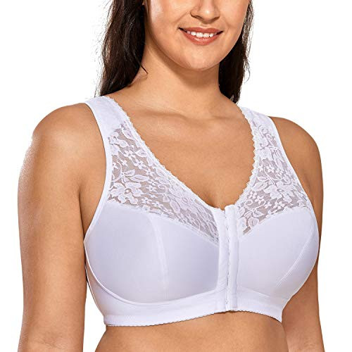 DELIMIRA Women s Full Coverage Wirefree Lace Plus Size Front Closure Bra Racerback White 40DD