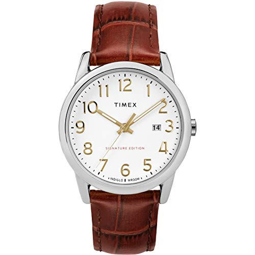 Timex Men s TW2R65000 Easy Reader Signature 38mm Brown Silver Tone Leather Strap Watch