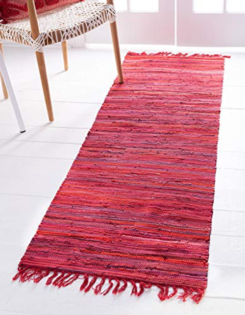 Unique Loom Chindi Cotton Collection Hand Woven Natural Fibers Runner Rug 2  7 x 9  10 Red Purple