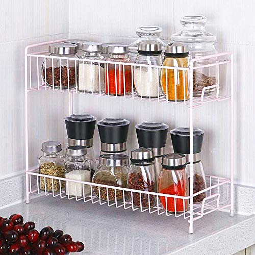 2 Tier Countertop Spice RacksHEOMU Spice Rack Organizer Countertop Storage Kitchen Shelf Holder for Jars Bottle  Rose Gold
