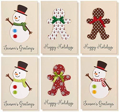 Set of 12 Merry Christmas Greetings Cards - Happy Holidays and Season's Handmade Xmas Cards in 6 Snowman and Gingerbread Man Themes, Includes White V-Flap Envelopes, 5 x 7 Inches Set of 12 Merry Christmas Greetings Cards - Happy Holidays and Season's Handmade Xmas Cards in 6 Snowman and Gingerbread Man Themes, Includes White V-Flap Envelopes, 5 x 7 Inches