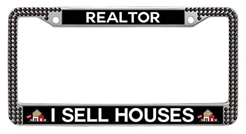 FukongCase Realtor I Sell Houses License Plate Frame Stainless Steel Car License Plate Holder Black Rhinestones