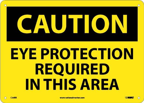 NMC C26RB OSHA Sign  CAUTION EYE PROTECTION REQUIRED IN THIS AREA  14  Width x 10  Height Rigid Plastic Black On Yellow