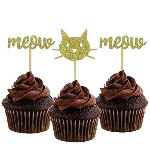 Morndew 24 PCS Gold Glitter Kitten Cat Meow Cupcake Topper for Baby Shower Birthday Party Wedding Party Decorations