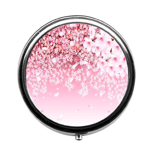 Qien BaiSei Cherry Blossom Background Pill Box Pill case Round Pill Box case  Three Compartment Pill Box Pill case