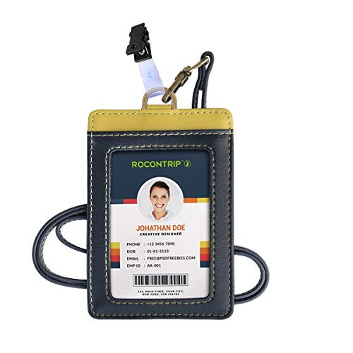 Badge Holder ROCONTRIP Leather ID Badge Card Holder RFID Blocking Vertical ID Badge Holder with Neck Lanyard Strap for Office ID School ID  Leather   Dark Blue with Mustard YellowVertical