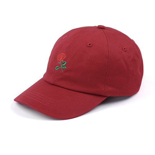 Rose Embroidered Dad Hat Women Men Cute Adjustable Cotton Floral Baseball Cap  Dark Red