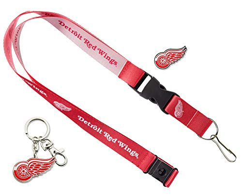 aminco NHL Detroit Red Wings Team Reversable Lanyard Logo Lapel Pin and Metal Keychain Gift Bundle