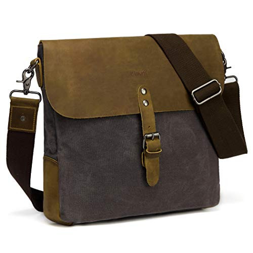 Leather Messenger BagVaschy Vintage Waxed Canvas Mens Classic Flap Crossbody Shoulder Bag Gray for Ipad