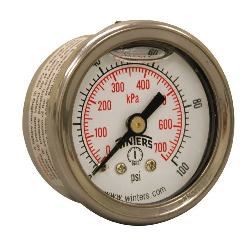 Winters PFQ Series Stainless Steel 304 Dual Scale Liquid Filled Pressure Gauge with Brass Internals 0 100 psi kpa 1 1 2  Dial Display    25  Accuracy 1 8  NPT Back Mount