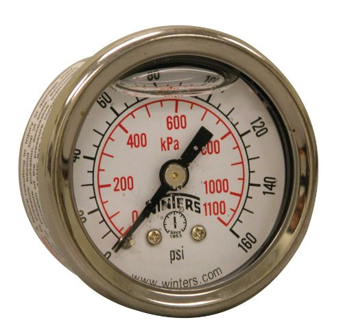 Winters PFQ Series Stainless Steel 304 Dual Scale Liquid Filled Pressure Gauge with Brass Internals 0 160 psi kpa 1 1 2  Dial Display    25  Accuracy 1 8  NPT Back Mount