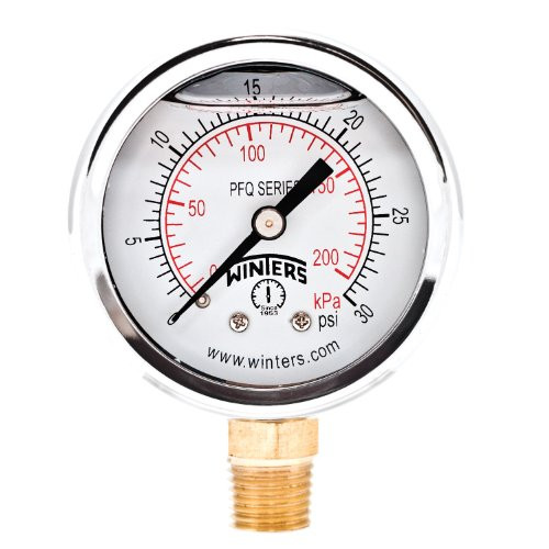Winters PFQ Series Stainless Steel 304 Dual Scale Liquid Filled Pressure Gauge with Brass Internals 0 30 psi kpa 2  Dial Display    25  Accuracy 1 4  NPT Bottom Mount