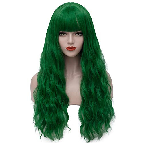 XIUDAI Green Wigs for Women Long Curly Wavy Hair Wigs for Girl Full Synthetic Halloween Cosplay Costume Wigs Fun Party Wig P058GR