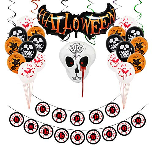 Halloween Party Decorations Supplies Set Happy Halloween Banner Skull Aluminum Foil Balloons and Latex Balloons