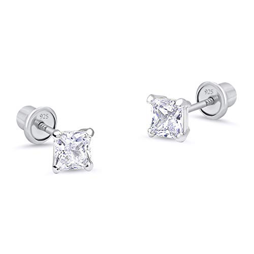 925 Sterling Silver Rhodium Plated 5mm Princess Cut Cubic Zirconia Stud Screwback Baby Girls Earrings