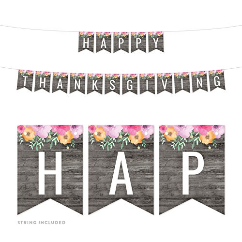 Andaz Press Modern Gray Wood with Flowers Party Banner Decorations, Happy Thanksgiving, Approx 5-Feet, 1-Set, Floral Colored Hanging Pennant Decor